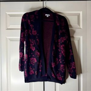 Croft & Barrow Petite Medium Floral Open Front Cardigan Navy Burgundy PM